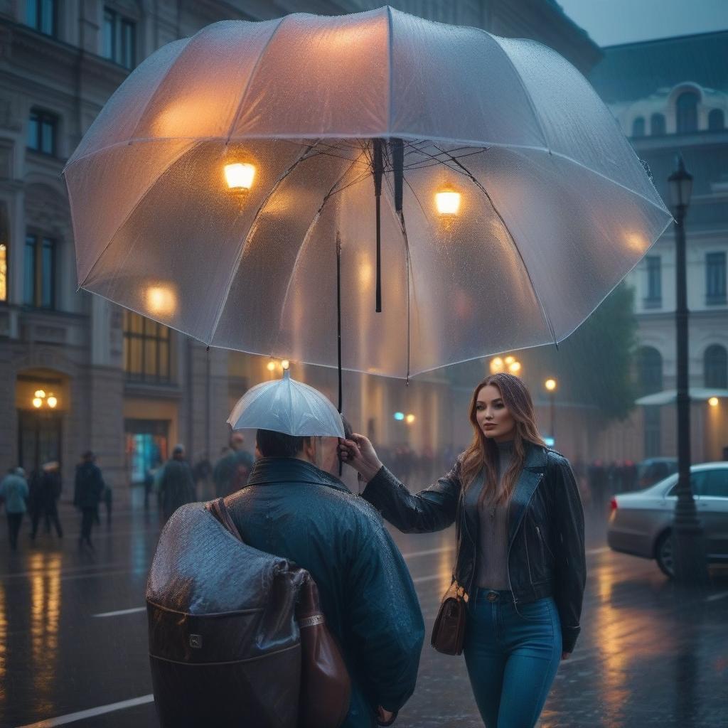  Rain in Moscow, beautiful urban landscape hyperrealistic, full body, detailed clothing, highly detailed, cinematic lighting, stunningly beautiful, intricate, sharp focus, f/1. 8, 85mm, (centered image composition), (professionally color graded), ((bright soft diffused light)), volumetric fog, trending on instagram, trending on tumblr, HDR 4K, 8K