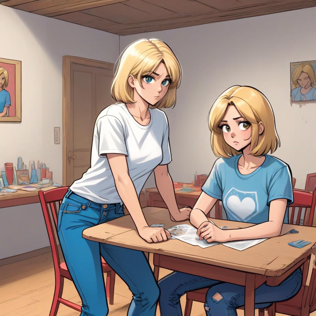  colored comic book image. a with a haircut and blonde hair, dressed in a white t shirt and jeans, sits at a table opposite her mother. my mother is a middle aged woman in a dirty dress. there is nothing on the table, and the walls of the room are wooden, creating a cozy but simple environment.