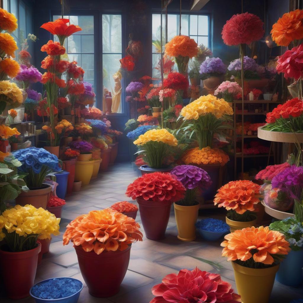  dreamscape flower shop. exotic flowers with pointed multicolored petals in pots and on the floor. flower sevenflower: petals red, orange, yellow, green, blue, blue, purple. fantasy . surreal, ethereal, dreamy, mysterious, fantasy, highly detailed, hkmagic