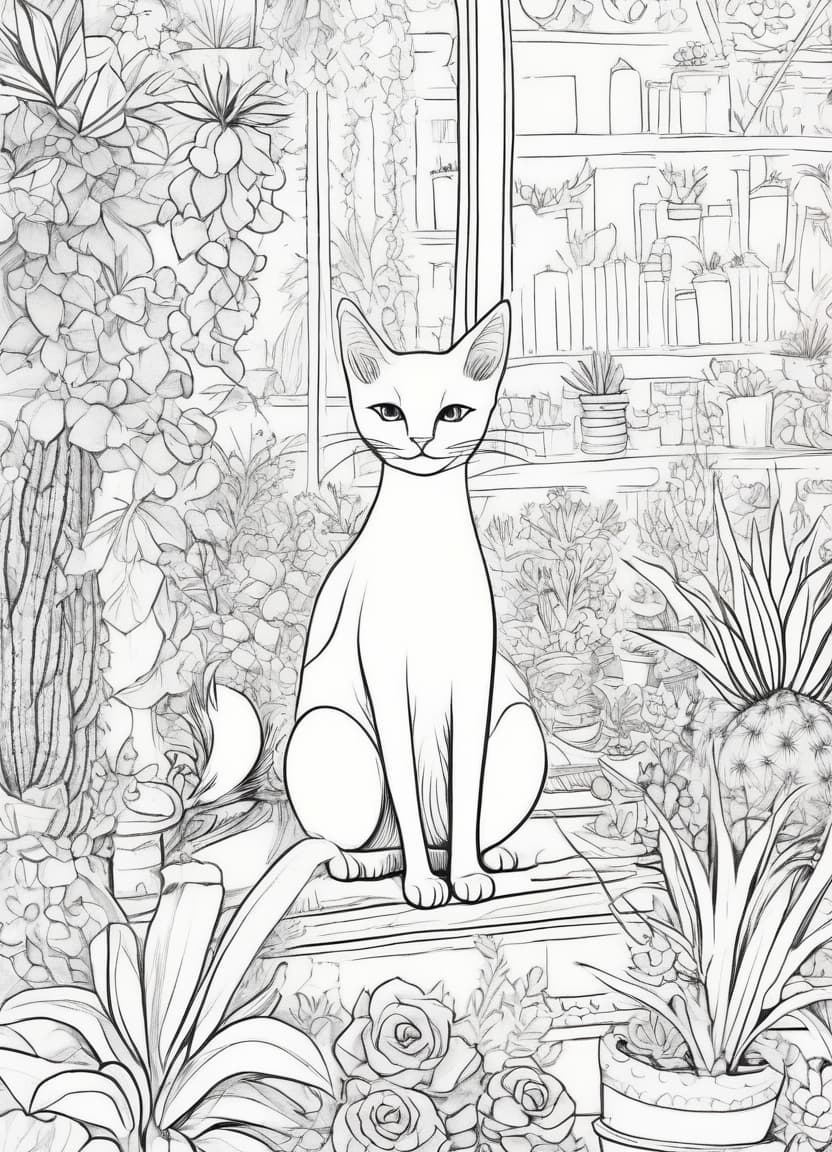  fairy tale image in (colouring style: 1,3), sticker, sticker. created with black lines on white background:: zentangle patterns, doodle. background: (cosy flower shop. shop windows. seller's counter. flowering cacti of different kinds). beautiful fluffy cat sells flowers cactus. drawing with thin black marker on white background. elements of colour. good detail, good drawing, cartoon style, clear outlines, appealing. stylistics: mysticism, fairy tale, sci fi. in the manner of surrealist artists: vladimir pronkin, chris rignac, greg craola simkins. . magical, fantastical, enchanting, storybook style, highly detailed, civitai