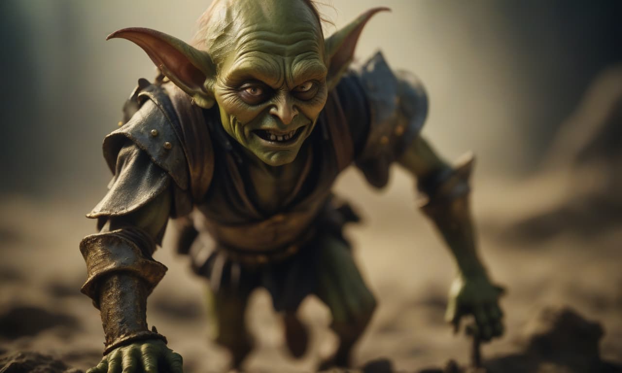  cinematic film still a goblin carries a man on his back around gold . shallow depth of field, vignette, highly detailed, high budget, bokeh, cinemascope, moody, epic, gorgeous, film grain, grainy