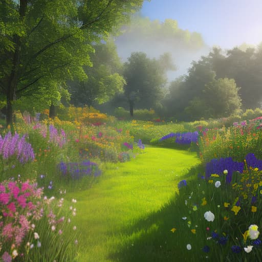  A beautiful, cozy meadow in the garden with flowers, flowering shrubs, and green grass. hyperrealistic, full body, detailed clothing, highly detailed, cinematic lighting, stunningly beautiful, intricate, sharp focus, f/1. 8, 85mm, (centered image composition), (professionally color graded), ((bright soft diffused light)), volumetric fog, trending on instagram, trending on tumblr, HDR 4K, 8K