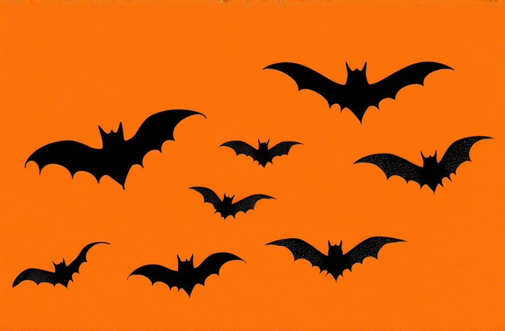  flat illustration, flaticon, (illustration:1.15), black bats silhouettes on orange background, halloween background ar 3:2, [cory loftis, strobist, pascal campion :: 0.2]