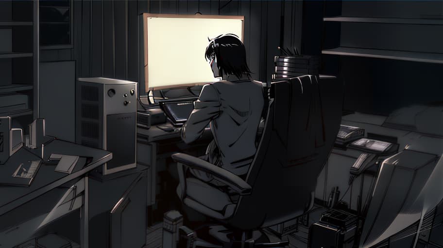  A guy sits in front of the monitor at night., Sketch, Manga Sketch, Pencil drawing, Black and White, Manga, Manga style, Low detail, Line art, vector art, Monochromatic, by katsuhiro otomo and masamune shirow and studio ghilibi and yukito kishiro hyperrealistic, full body, detailed clothing, highly detailed, cinematic lighting, stunningly beautiful, intricate, sharp focus, f/1. 8, 85mm, (centered image composition), (professionally color graded), ((bright soft diffused light)), volumetric fog, trending on instagram, trending on tumblr, HDR 4K, 8K