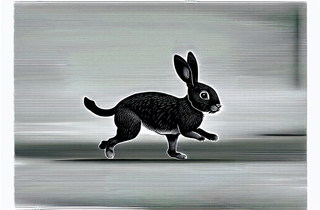  contour, very simple image in one unbroken black ink line, single line of black rabbit running on a road, engraving illustration ar 3:2 using a single continuous black line ink brushon white background, drawing should be created without lifting the pen, recognizable features of black rabbit running on a road, engraving illustration ar 3:2 in one unbroken line