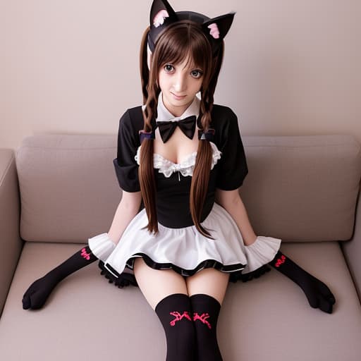  (--Style Photoralism, 500 xp) there is a woman a with a cat tail, age female , , hot , , long pigtail, zettai ryouiki, beautiful alluring anime , dressed as , with dark brown hair, with cat ears, , wearing and high socks, pigtail