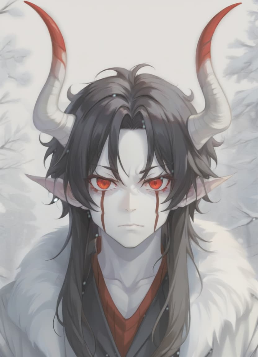  man demon, red horns, red eyes, black long hair, winter clothes, sticker