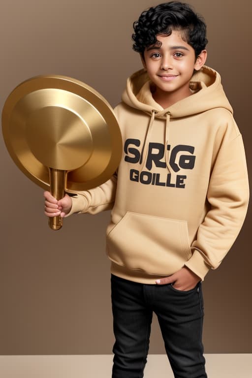  cute short boy modern very short curly black hair tanned skin shy face holding a big gold sheild somehow round face beige closed hoddie hands in his pocket short neck