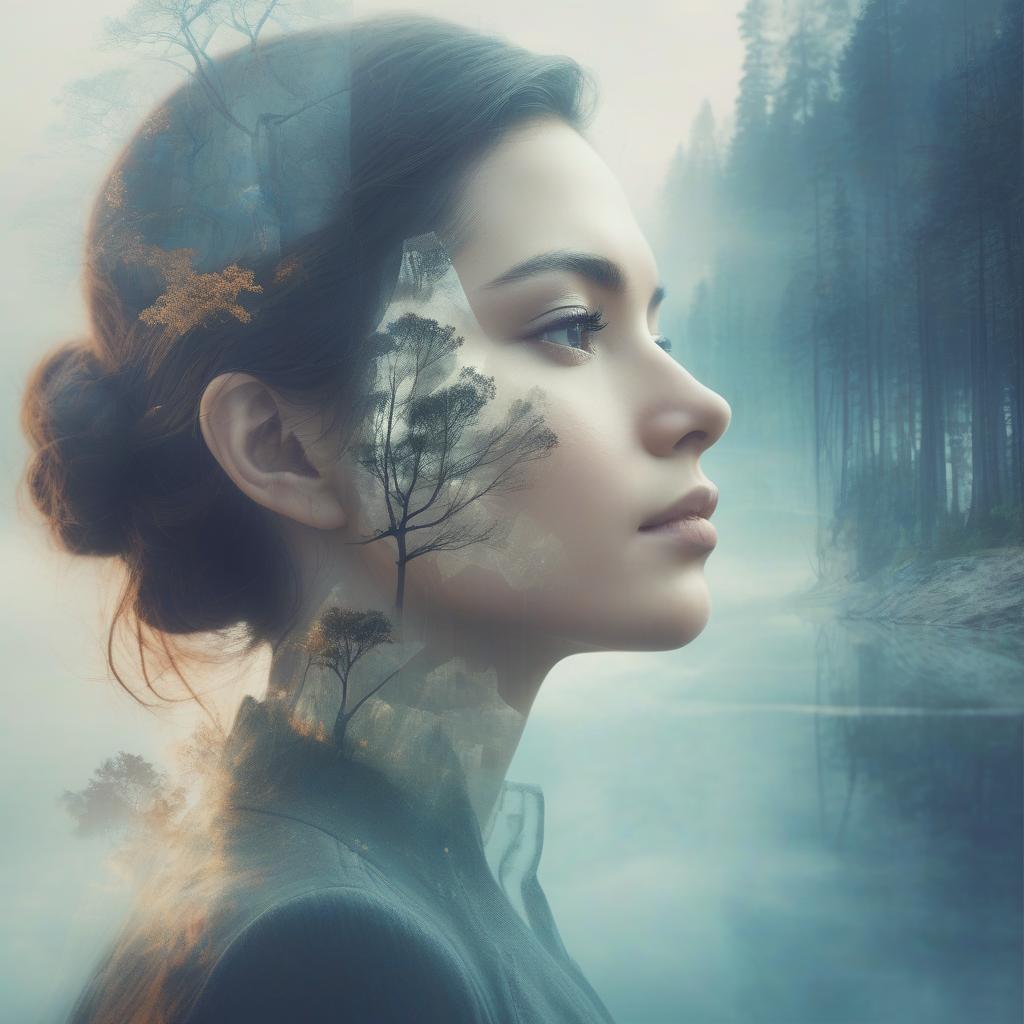  double exposure double exposure portrait beautiful side profile face with double exposed background fantasy environment epic surroundings idillic setting calm ai art