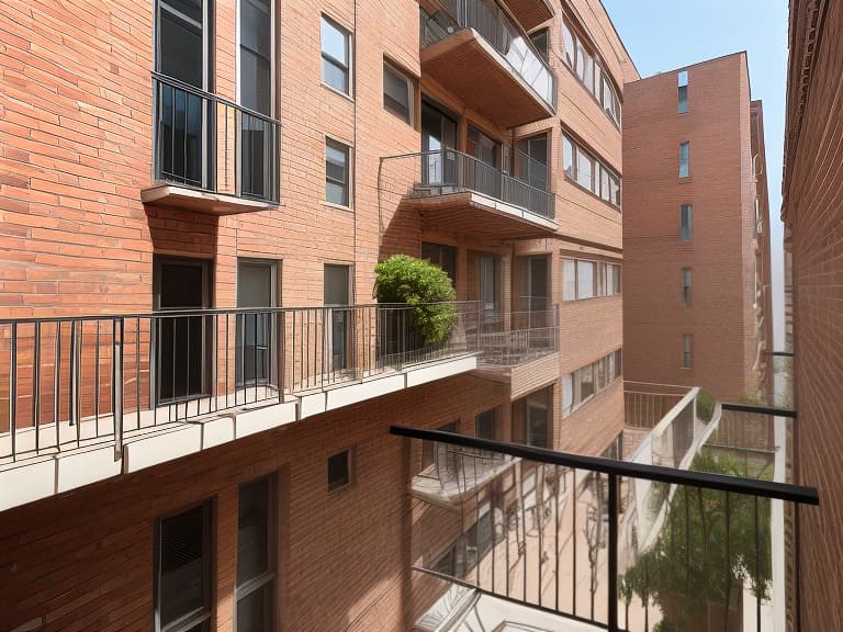  an open balcony in an apartment building made of brick. day, natural light. the camera looks directly at the balcony from the street. you can see the balcony and part of the house