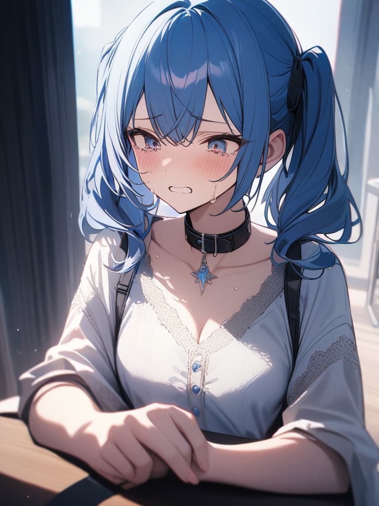  twin tails, blue hair, , crying face ,,, small s,, with,,,, oblight, , collar, becoming a , , insult, chio, gles , s wearing gles, masterpiece, best quality,8k,ultra detailed,high resolution,an extremely delicate and beautiful,hyper detail