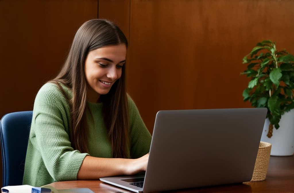  girl working on laptop, office style, stock photography ar 3:2, (natural skin texture), highly detailed face, depth of field, hyperrealism, soft light, muted colors