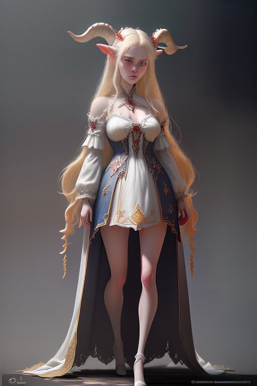  the girl, standing in full height, her skin red, blue eyes, dressed in white priestly clothes, long hair, blonde, lamb horns on her head, instead of the feet of goat hooves, (extremely detailed oil painting:1.2), glow effects, godrays, hand drawn, render, 8k, octane render, cinema 4d, blender, dark, atmospheric 4k ultra detailed, cinematic sensual, sharp focus, humorous illustration, big depth of field, masterpiece, colors, 3d octane render, 4k, concept art, trending on artstation, hyperrealistic, vivid colors, extremely detailed cg unity 8k wallpaper, trending on artstation, trending on cgsociety, intricate, high detail, dramatic