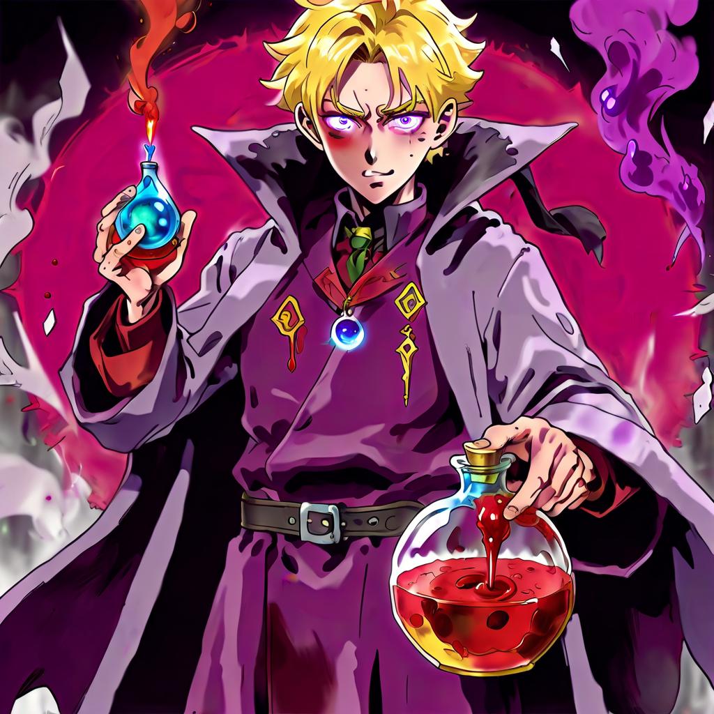  anime artwork the guy's eyes are gray blue, hair is blond, stands in a gray robe of a magician, rainbow potions on his belt, a bunch of f 1 grenades is thrown over his shoulder, in his hands he holds a potion of purple color inside which an eyeball floats and looks at the screen. there's an alchemical stand in the background, and there's a cauldron of red smoke coming out. his face is oval, his eye in the potion is yellow with a vertical pupil, his facial expression is pensive and his eyes look at the potion. . anime style, key visual, vibrant, studio anime, highly detailed, hkmagic