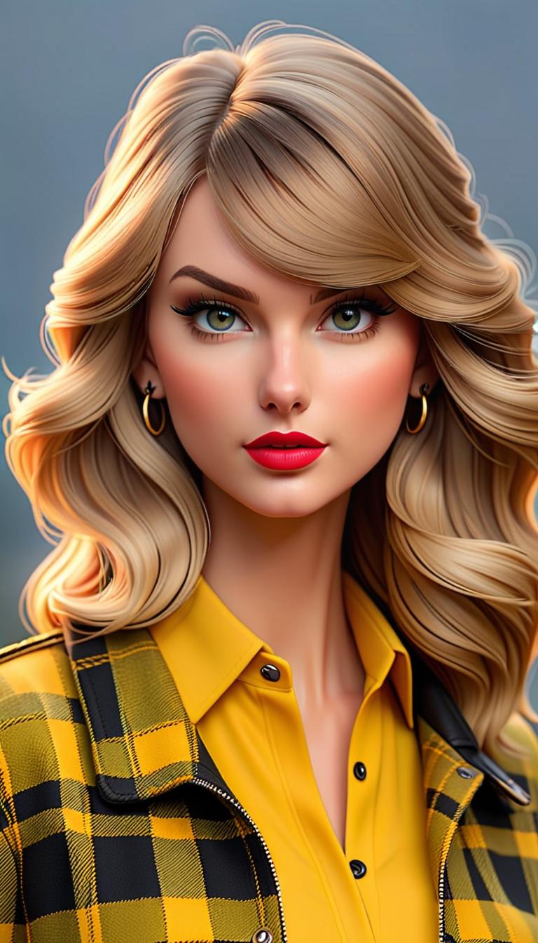  professional 3d model of taylor swift wearing black and yellow plaid . rendered with octane, the model is highly detailed,dramatic lighting. hyperrealistic, full body, detailed clothing, highly detailed, cinematic lighting, stunningly beautiful, intricate, sharp focus, f/1. 8, 85mm, (centered image composition), (professionally color graded), ((bright soft diffused light)), volumetric fog, trending on instagram, trending on tumblr, HDR 4K, 8K