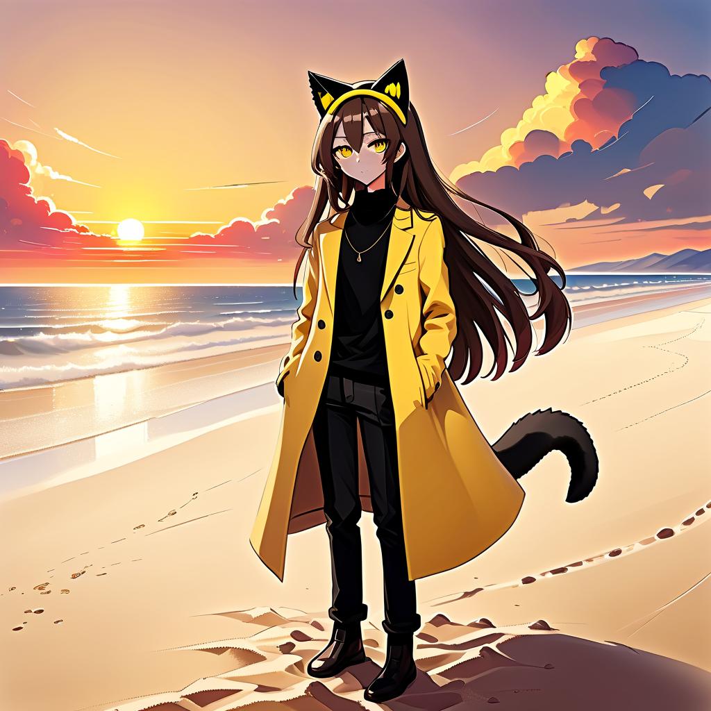  architectural style an anime style girl with cat ears stands on the beach, where soft sand extends to the horizon. he has long dark brown hair, which flies slightly in the breeze. his face, with pronounced jewish and slavic features, radiates lively energy. brown eyes are full of deep emotions, as if reflecting the vast expanses of the ocean. he wears a bright yellow coat that seems to shine, catching the eye and contrasting with the soft shades of the sunset. under his coat he wears a black shirt and black pants are decorated with yellow elements, creating a stylish and dynamic look. a bright red sunset turns into the night, and the bright red rays of the sun fall on the terrain, highlighting the sandy shore and contrasting with the night 