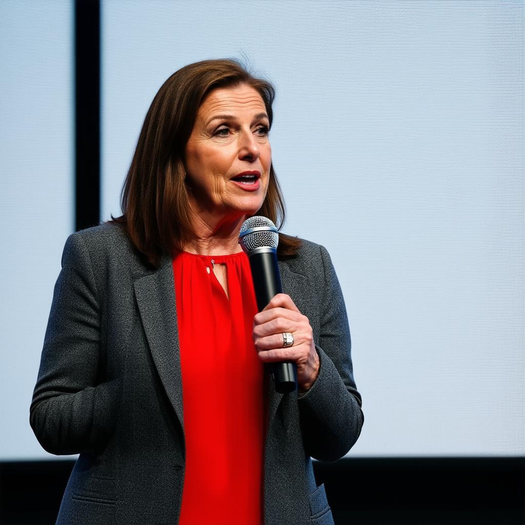  professional detailed photography, teacher woman in red blouse and grey jacket, stands in profile to viewer, speaks inspiringly and emotionally, holds microphone in hand on light blurred background, (muted colors, dim colors, soothing tones), (vsco:0.3)