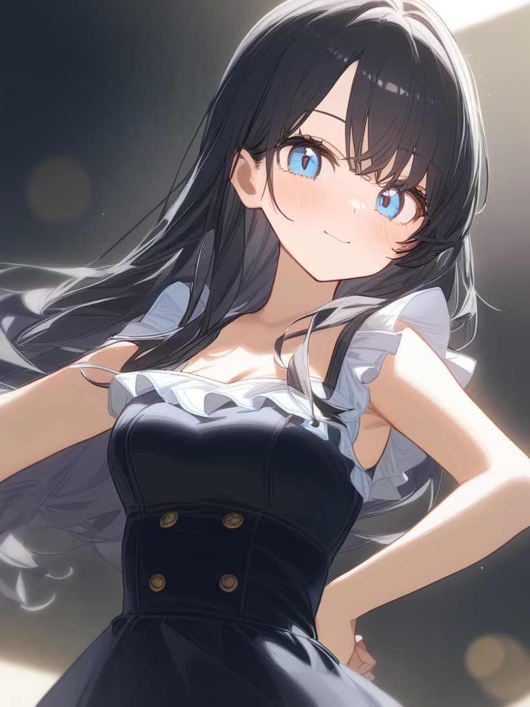  cute face focus,cute,black hair,light blue eyes,cute posing,frill onepiece,long hair