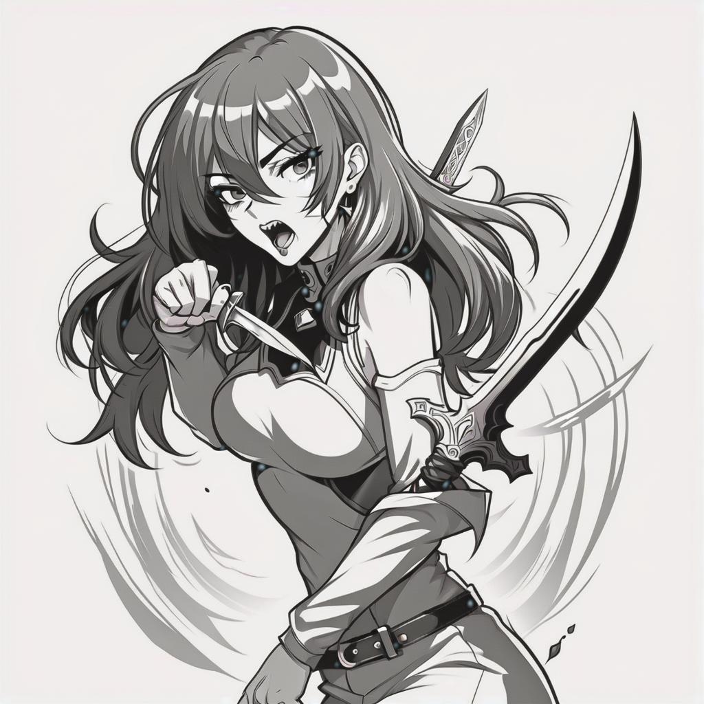  line art drawing rogue girl licking dagger, same nightmare. anime style . professional, sleek, modern, minimalist, graphic, line art, vector graphics