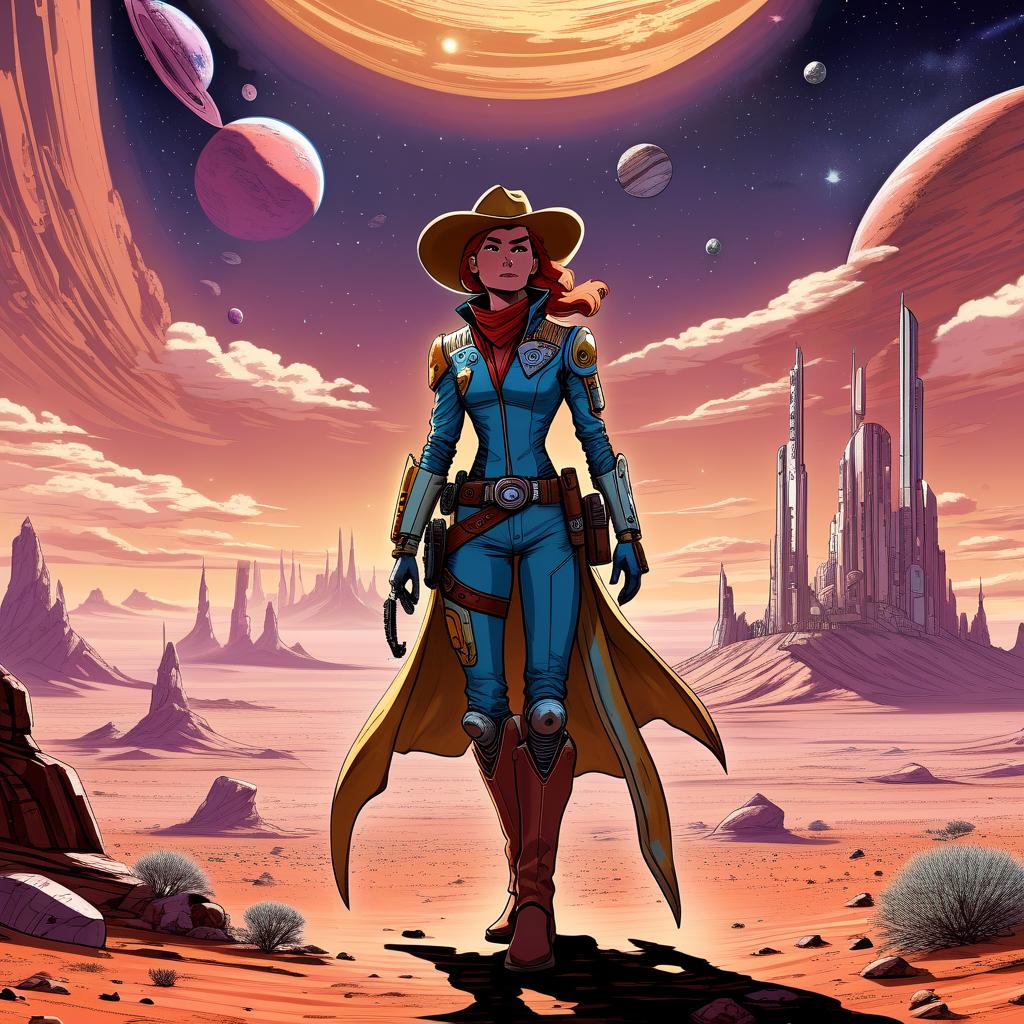  draw a full length adventure character on a distant colonized planet. we need to develop his character and specialization. she's a seasoned space cowboy. what is the main feature?