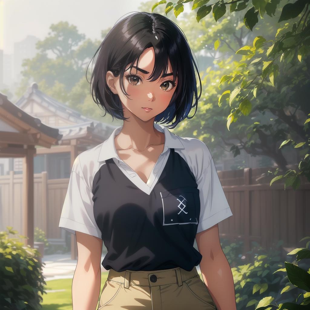  (((anime full torso frontal head shot of a light tan skin tone woman))), gaeul ra young ryu, ((korean heritage)), immature face, brown eye color, ((short hair style)), ((black hair color)), (( body type)), small size, small size, (immature broad flat nose), (immature angular cheekbones), (immature smooth jawline), (immature thin lips), (immature wide forehead), (immature symmetrical face), (immature arched eyebrows), standing straight looking directly into the camera,((wearing fitted polo shirt with deep v neck and monogrammed pocket)), backyard in background, 1girl, best quality, highest quality, award winning photo, masterpiece, raw, professional photography, photorealism, sharp focus, cinematic, high resolution, sh hyperrealistic, full body, detailed clothing, highly detailed, cinematic lighting, stunningly beautiful, intricate, sharp focus, f/1. 8, 85mm, (centered image composition), (professionally color graded), ((bright soft diffused light)), volumetric fog, trending on instagram, trending on tumblr, HDR 4K, 8K