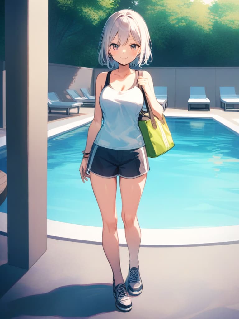  s, s short hair, cute smile, , whole body, pool side,