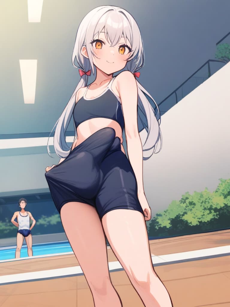  women's elementary students (with male), twin tails, cute smiles, rich s, short stature, dark blue swimwear, old swimwear, swimwear, simple, (swelling), upward, (bulge), front, whole body, pool side,