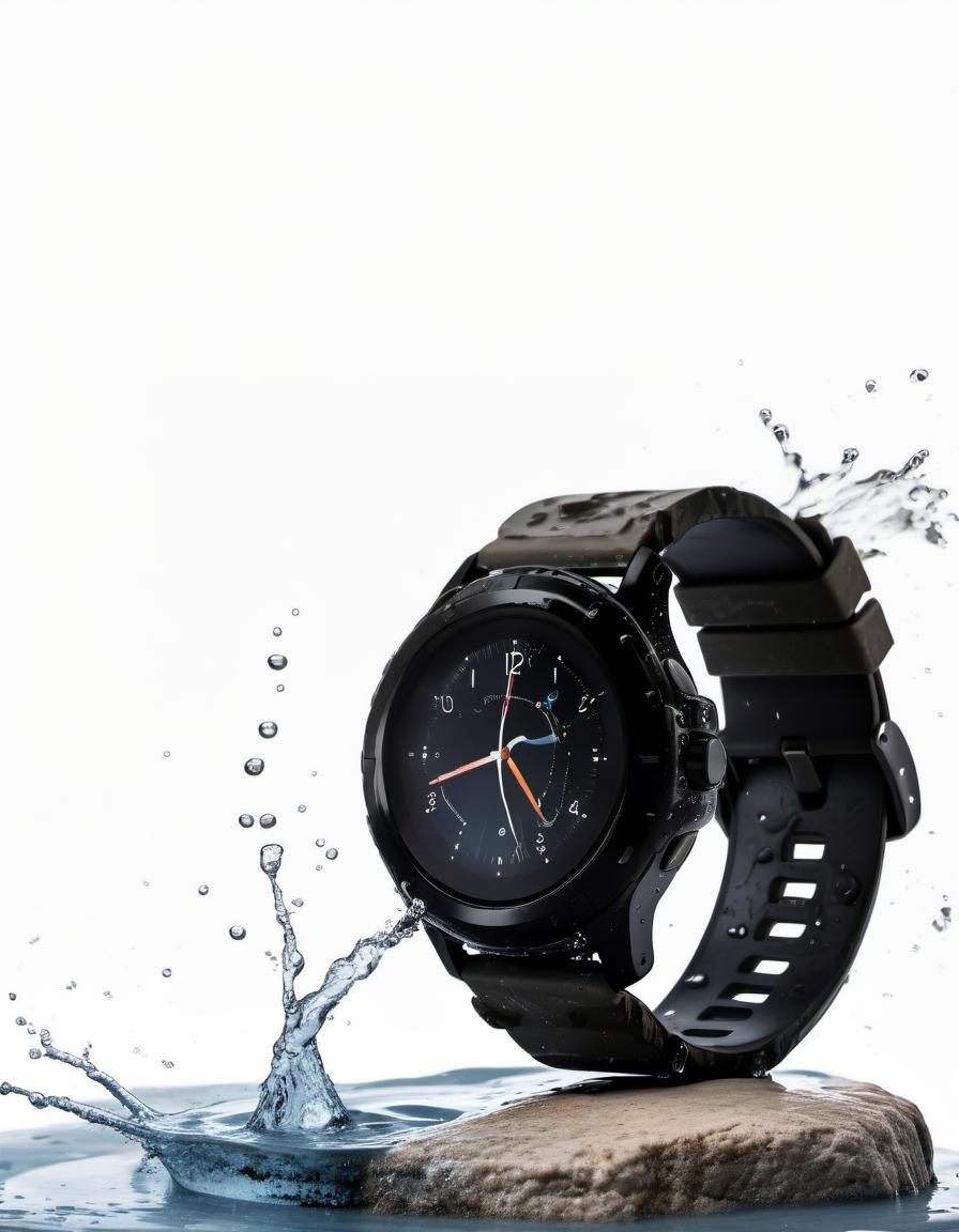  smart watch on a stone on a white background, around a splash of water, film photography style