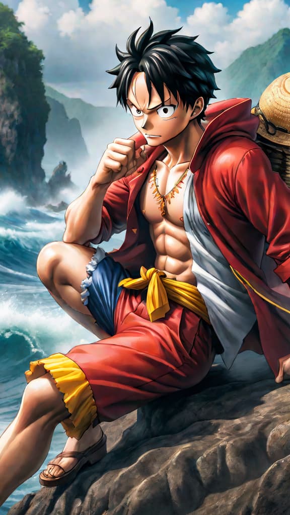  anime art: luffy learns to protect friends at all costs from shanks in one piece. hyperrealistic, full body, detailed clothing, highly detailed, cinematic lighting, stunningly beautiful, intricate, sharp focus, f/1. 8, 85mm, (centered image composition), (professionally color graded), ((bright soft diffused light)), volumetric fog, trending on instagram, trending on tumblr, HDR 4K, 8K