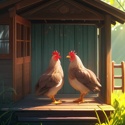  Two chickens are pecking grain near the porch hyperrealistic, full body, detailed clothing, highly detailed, cinematic lighting, stunningly beautiful, intricate, sharp focus, f/1. 8, 85mm, (centered image composition), (professionally color graded), ((bright soft diffused light)), volumetric fog, trending on instagram, trending on tumblr, HDR 4K, 8K