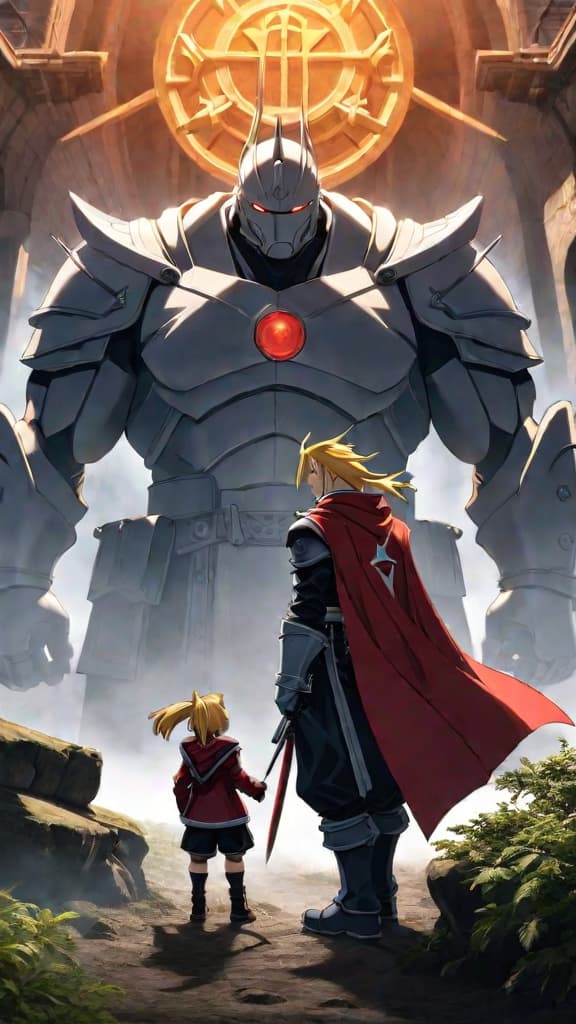  anime art, edward and alphonse elric from fullmetal alchemist: brotherhood, sacrificing for family amidst magical alchemy hyperrealistic, full body, detailed clothing, highly detailed, cinematic lighting, stunningly beautiful, intricate, sharp focus, f/1. 8, 85mm, (centered image composition), (professionally color graded), ((bright soft diffused light)), volumetric fog, trending on instagram, trending on tumblr, HDR 4K, 8K