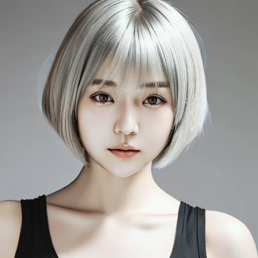  cute japanese girl face, cute short hair, light blonde and silver bob cut hairstyle, black sleeveless top, delicate makeup, cool style, natural lighting, photo realistic in the style of realistic.