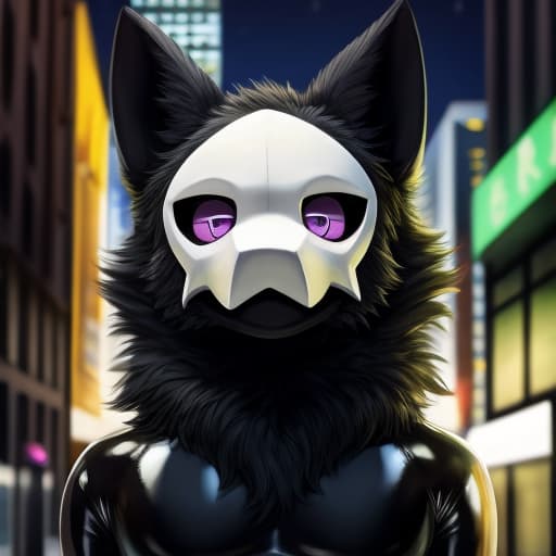  Puro, Dark Latex, Black and Green Fur, On a city background, Purple eyes, open eyes, digital art, masterpiece, 4k, fine details,