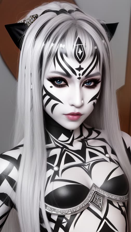  Chessboard check body paint in every corner of the body, Silver body paint all over the body,White face paint on the face, Dark elf 女性