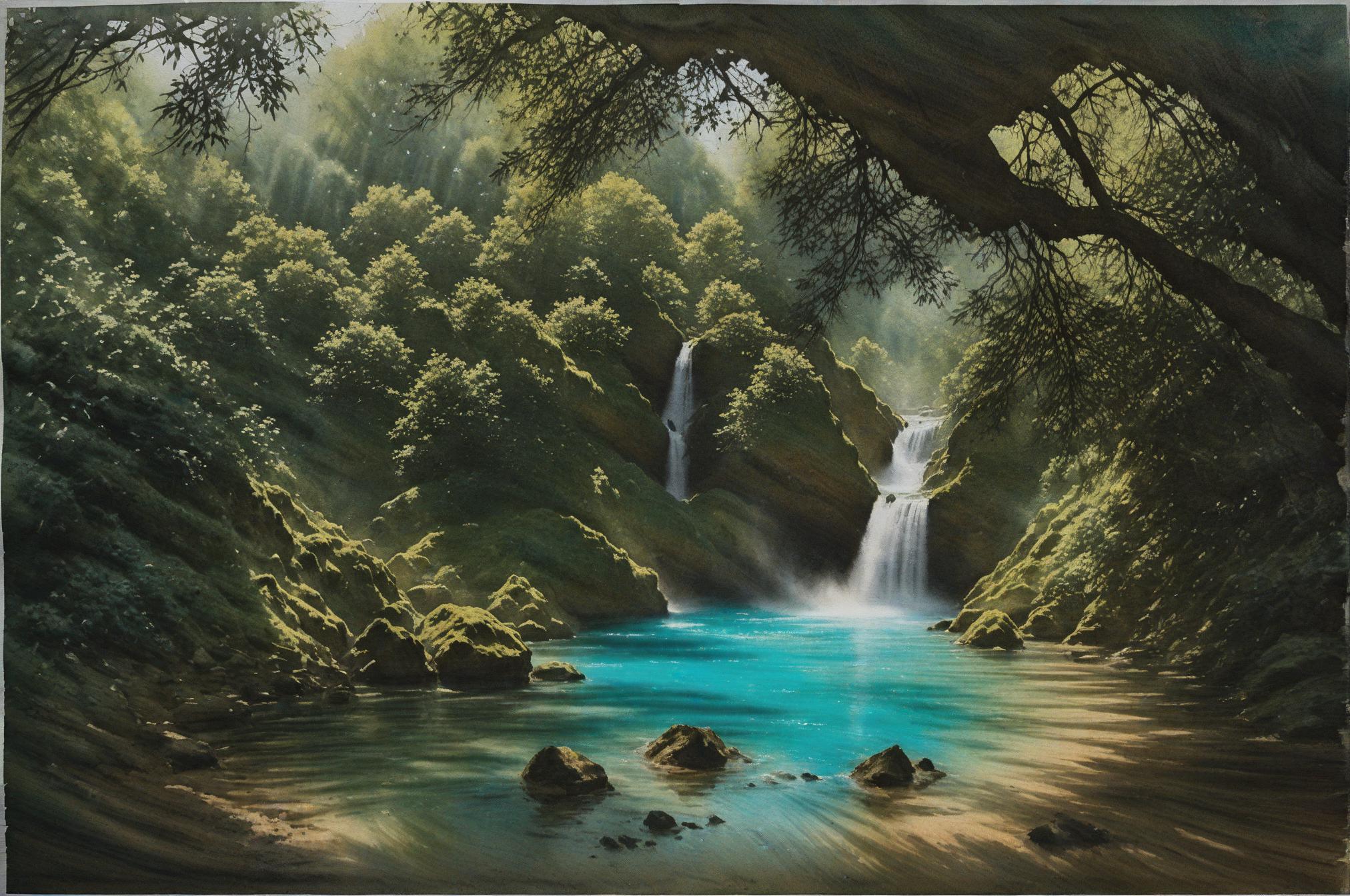  watercolor in the style of remy lach, vivid turquoise pool at the base of a stunning waterfall surrounded by lush, dense green foliage and trees on a bright day., spontaneous brushstrokes, natural light play, serene mood, delicately blended colors, artful composition, centered framing, subtle color transitions, diffuse illumination, soft shadow interplay hyperrealistic, full body, detailed clothing, highly detailed, cinematic lighting, stunningly beautiful, intricate, sharp focus, f/1. 8, 85mm, (centered image composition), (professionally color graded), ((bright soft diffused light)), volumetric fog, trending on instagram, trending on tumblr, HDR 4K, 8K