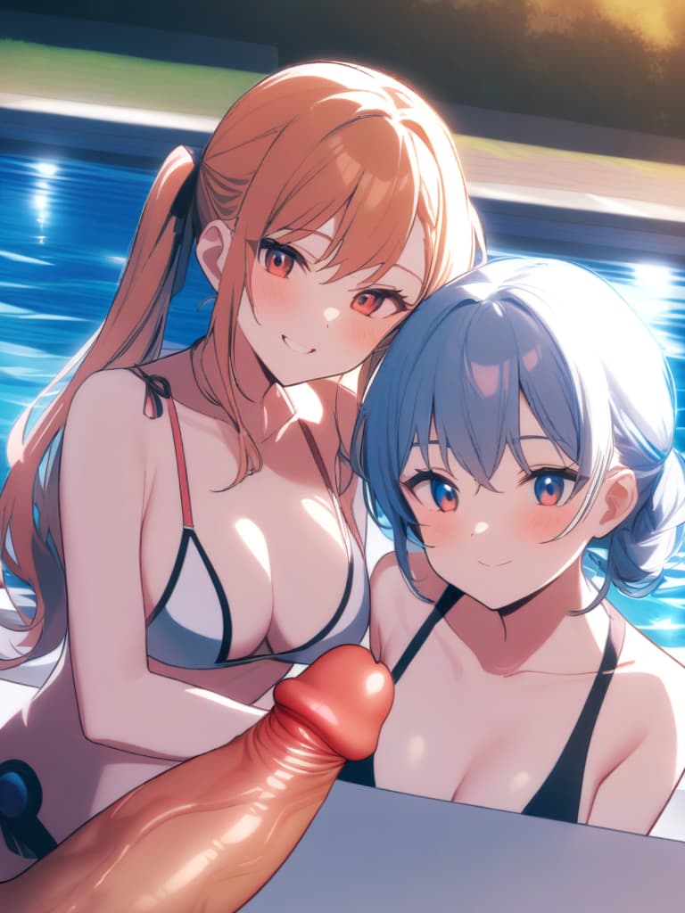  girls, twin tails, cute smiles, girls with penis (male), poolside,