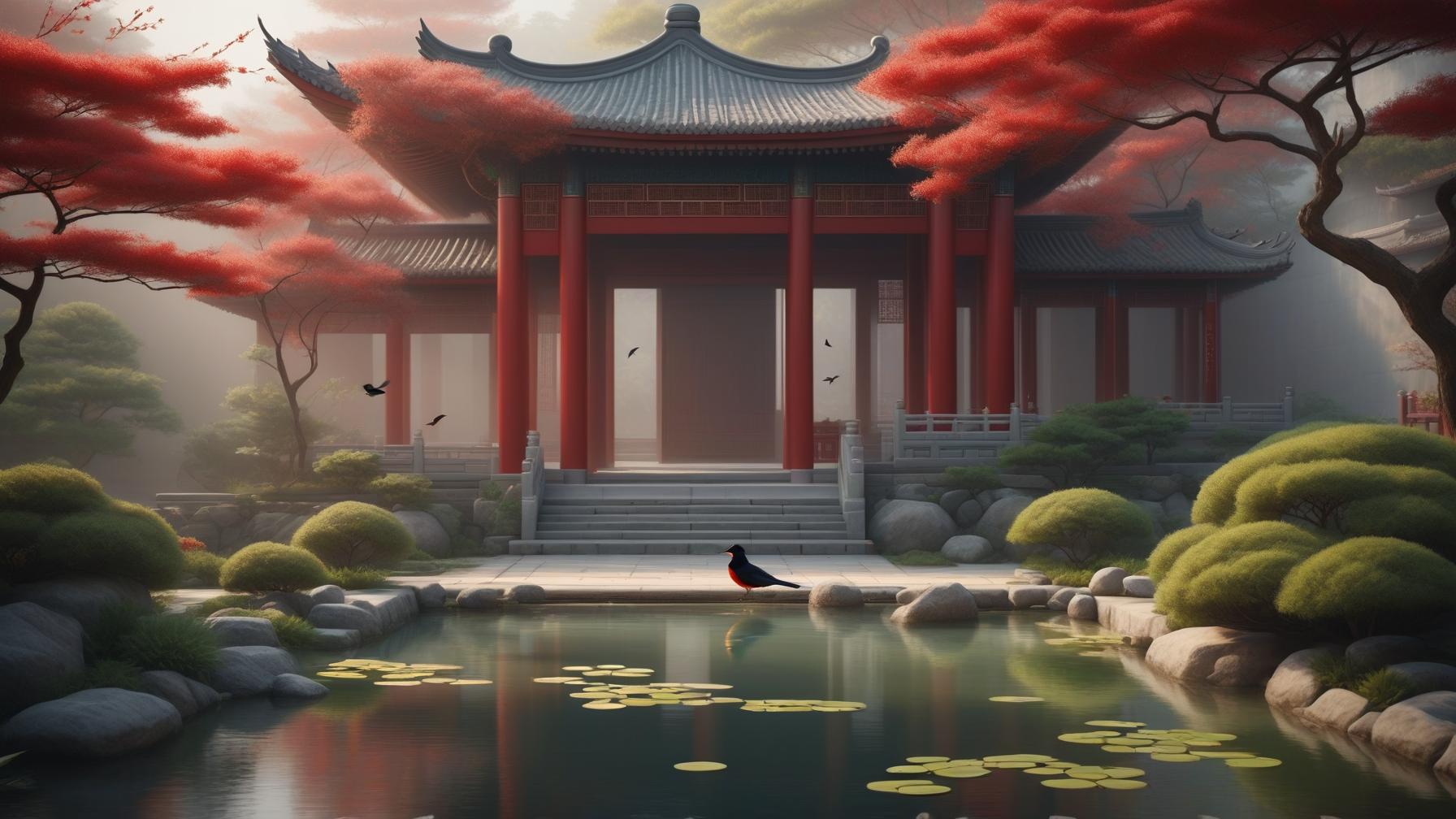  chinese style architecture, courtyard, trees, red flowers, bird, pond, rhythmic atmosphere, dreamy texture, soft colors. art style: chinese traditional, nature inspired. inspirations: chinese paintings, traditional architecture. camera: medium shot, wide angle lens. lighting: soft natural light, warm tones. 4k, detailed, chinese architecture, serene, tranquil, ethereal, harmonious atmosphere, traditional elements., award winning, professional, highly detailed, masterpiece