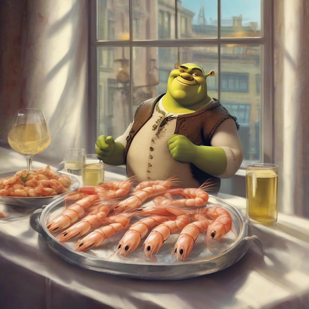  shrek, full length, athletic slim body, with a tray in his hands, on a tray a glass of white wine and a plate of shrimp, stands next to the window