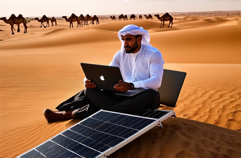  professional detailed photography, a bedouin sits in the desert with a laptop and a solar panel, with camels grazing in the background ar 3:2, (muted colors, dim colors, soothing tones), (vsco:0.3)