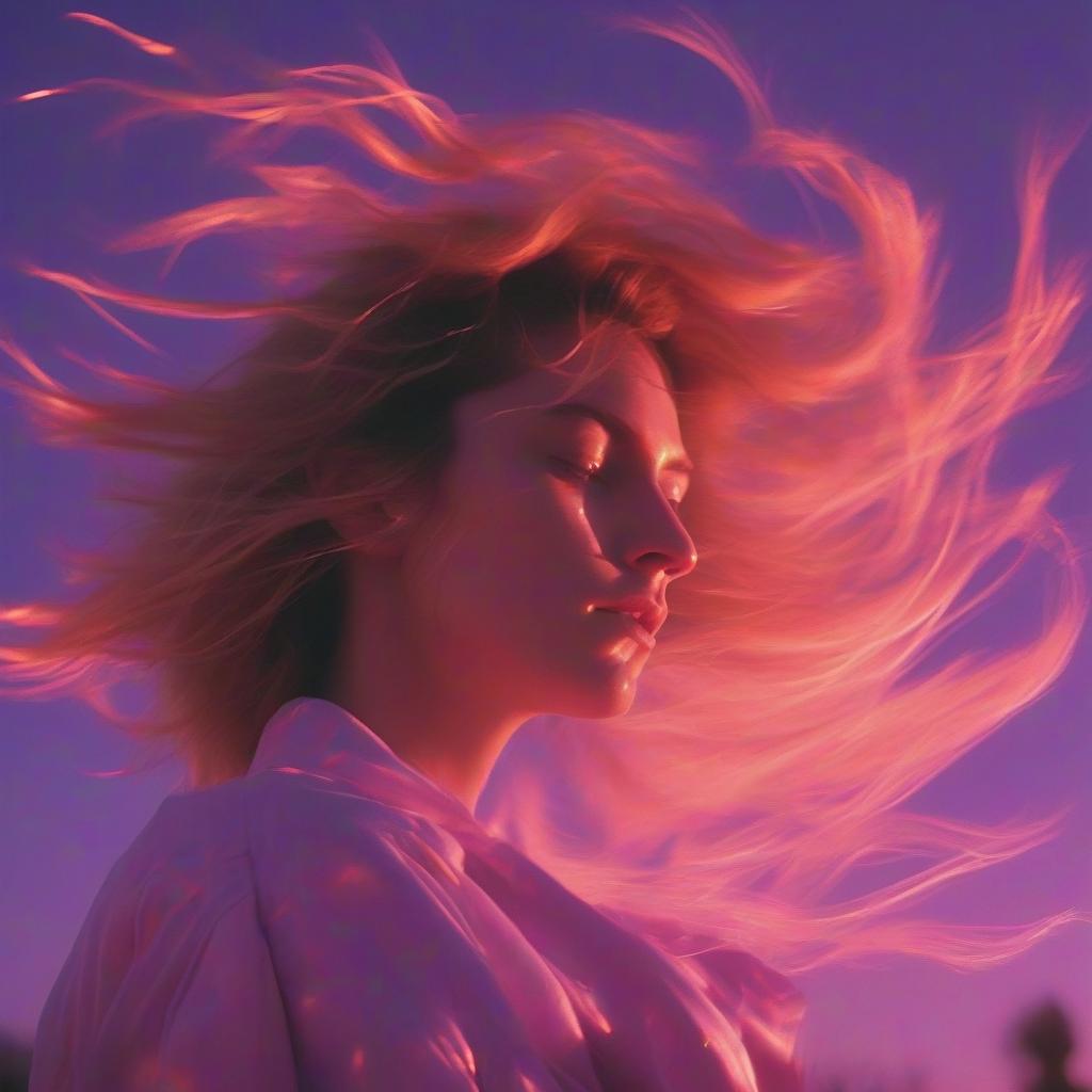  a woman with her hair blowing in the wind, frequency indie album cover, dark moody purple lighting, lo fi, petra collins, photo [ far ], by kathleen allen, atmospheric eerie lighting, a lonely woman, disappear