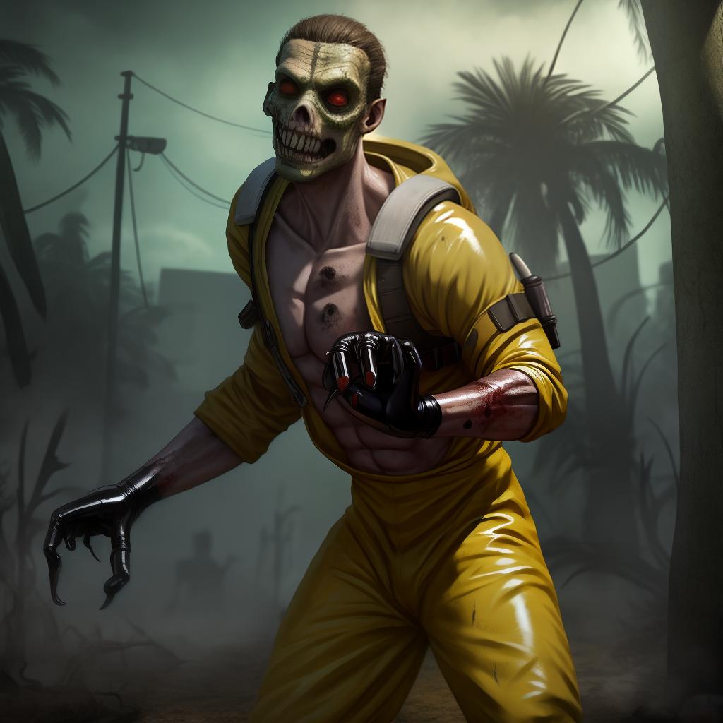  Mutated zombie in a full body radiation hazmat suit with rubber gloves (dead island), open eyes, digital art, masterpiece, 4k, fine details,