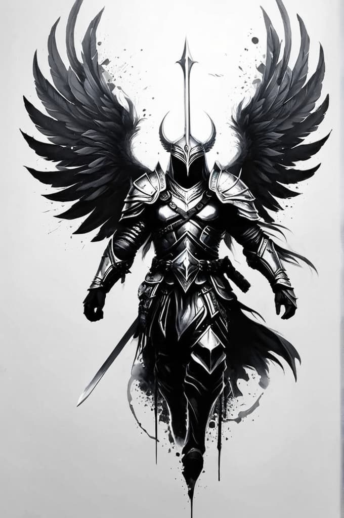  strong warrior with white wings , (tattoo sketch:1.25), drawing