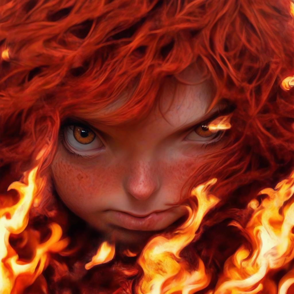  girl with red hair, freckles, burning in the fire