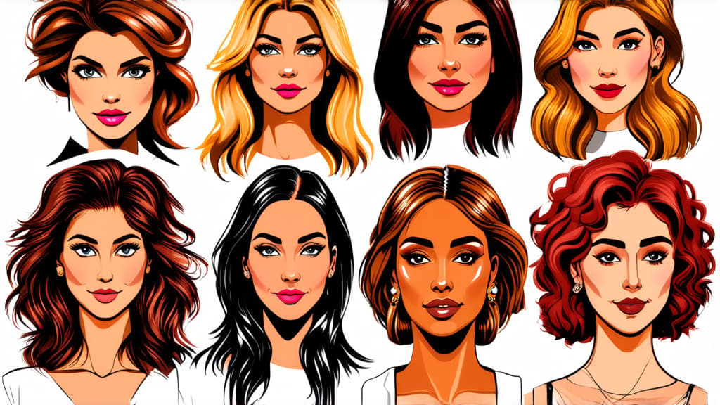  different beauty. set of different female heads. different races and nationalities. colored hand drawn illustration ar 16:9 {prompt}, maximum details