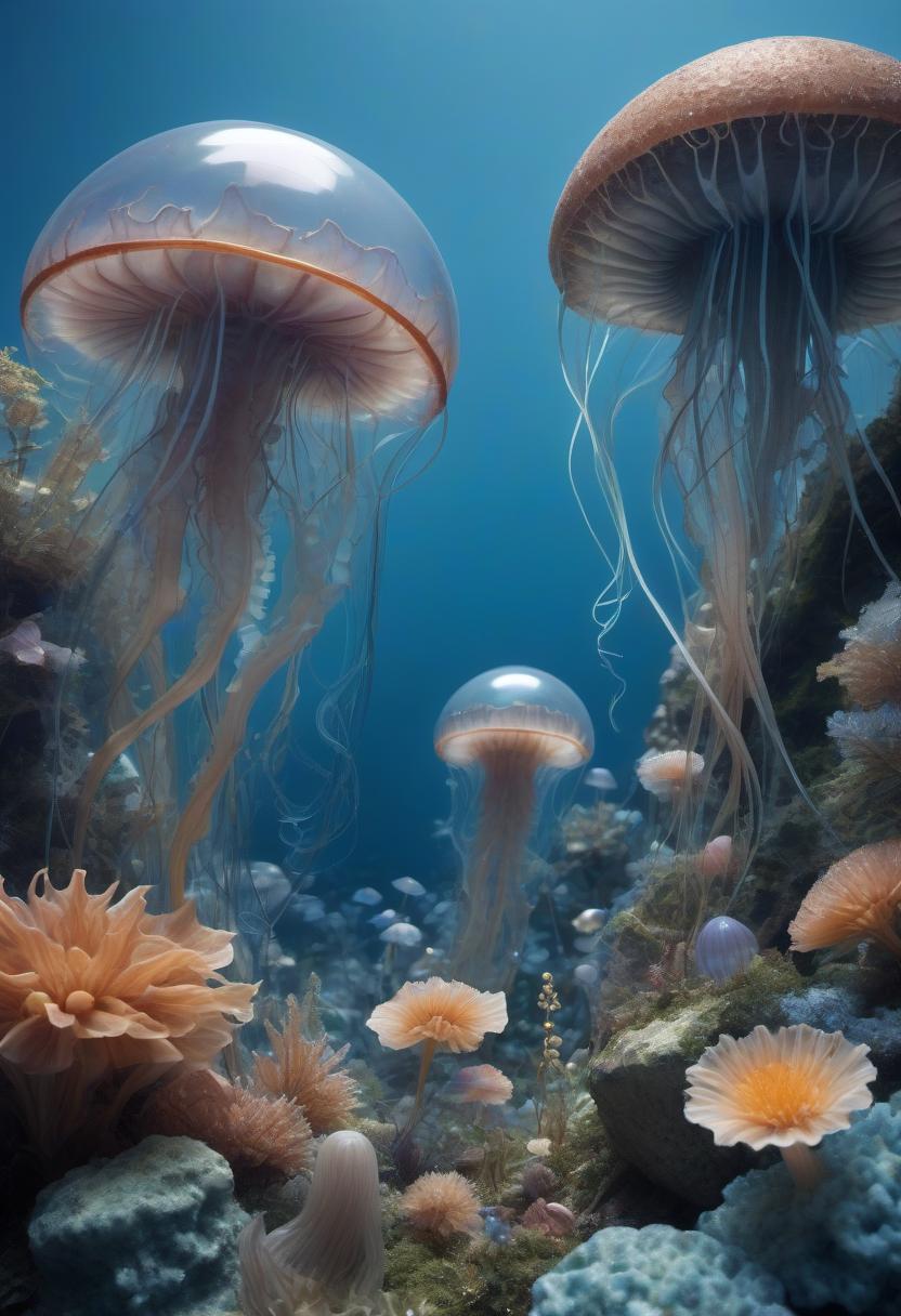  the photo of a surreal jellyfish machine floating in the left and right corners of the photo is clearly visible against the background of middleton and blue coral reefs with a landscape, organic shapes made of translucent materials and metallic shades, against the background of an alien blue sky. the scene includes wildflowers and other natural elements that seem to dissolve into shapes, creating a fabulous atmosphere. in the foreground is a scattering of small stones covered with moss like patterns that add depth to the composition, blue tones