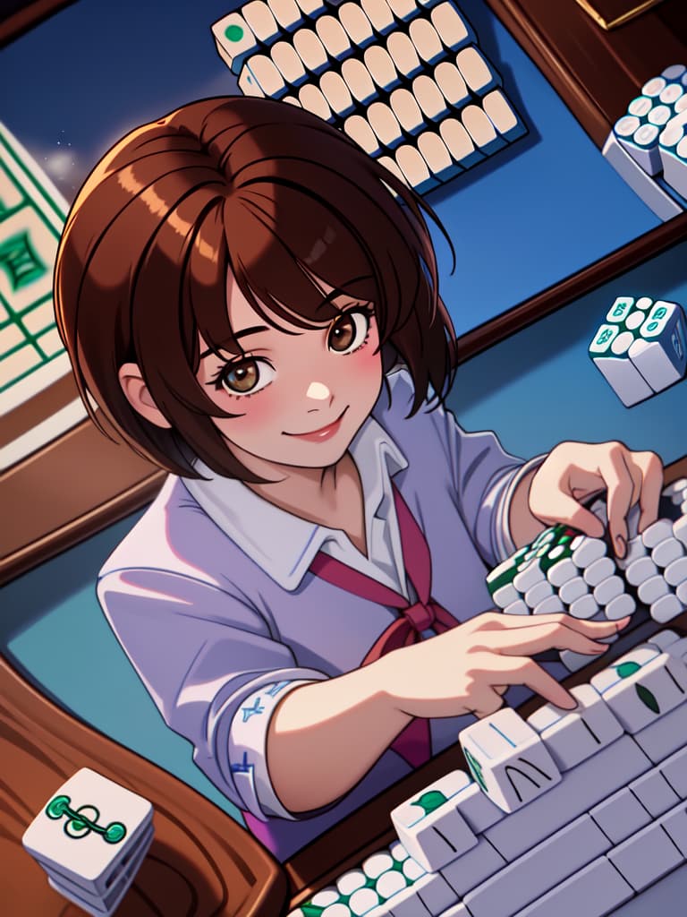  ultra detailed:1.2,masterpiece:1.2,best quality,masterpiece,bestquality,hdr:1.1,8k:1.1,very cute girl:1.3,((playing mahjong:1.5)),(fingers holding mahjong:1.6),school uniform:1.3,(brown hair,short hair:1.4),wind,shining chair:1.2,(cowboy shot:1.1),(from above,dutch angle.1.2),(cute smile:1.2)