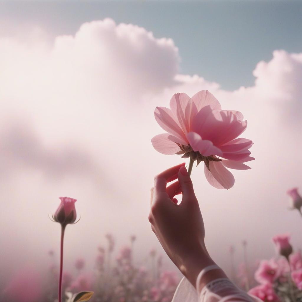  analog film photo the girl’s hand touches a pink flower, pink and white shades, light fog, clouds in the background, a room in pastel shades. . faded film, desaturated, 35mm photo, grainy, vignette, vintage, kodachrome, lomography, stained, highly detailed, found footage