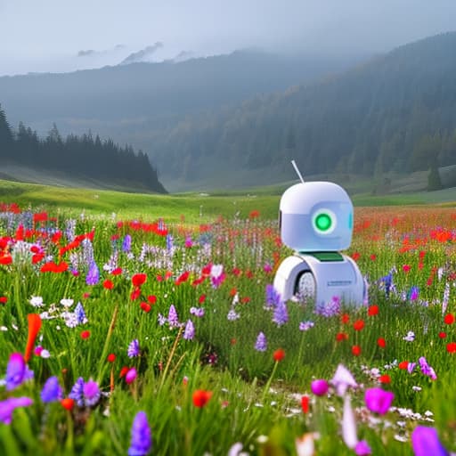  A solitary robot sitting in a field of wildflowers at sunset. Apply the Following Styles 3Drenderer, Arte Povera hyperrealistic, full body, detailed clothing, highly detailed, cinematic lighting, stunningly beautiful, intricate, sharp focus, f/1. 8, 85mm, (centered image composition), (professionally color graded), ((bright soft diffused light)), volumetric fog, trending on instagram, trending on tumblr, HDR 4K, 8K