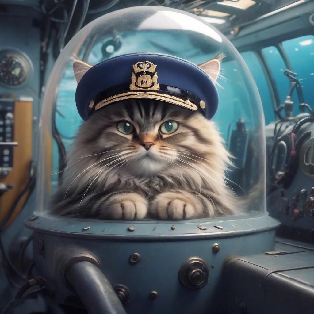  siberian cat in a cap in a submarine