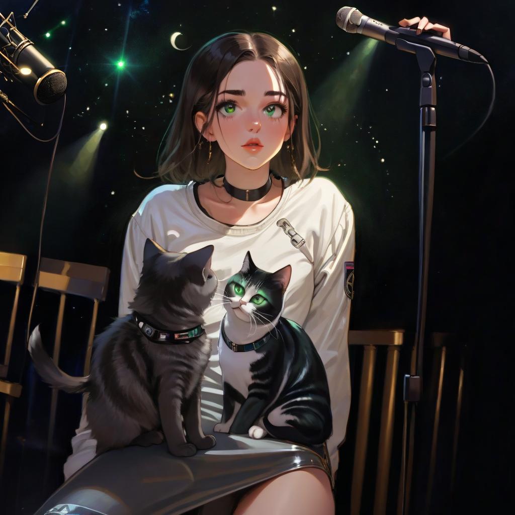  girl with dark green eyes, two cats, space, spotlights, view from the stage, microphone, music, royal grace